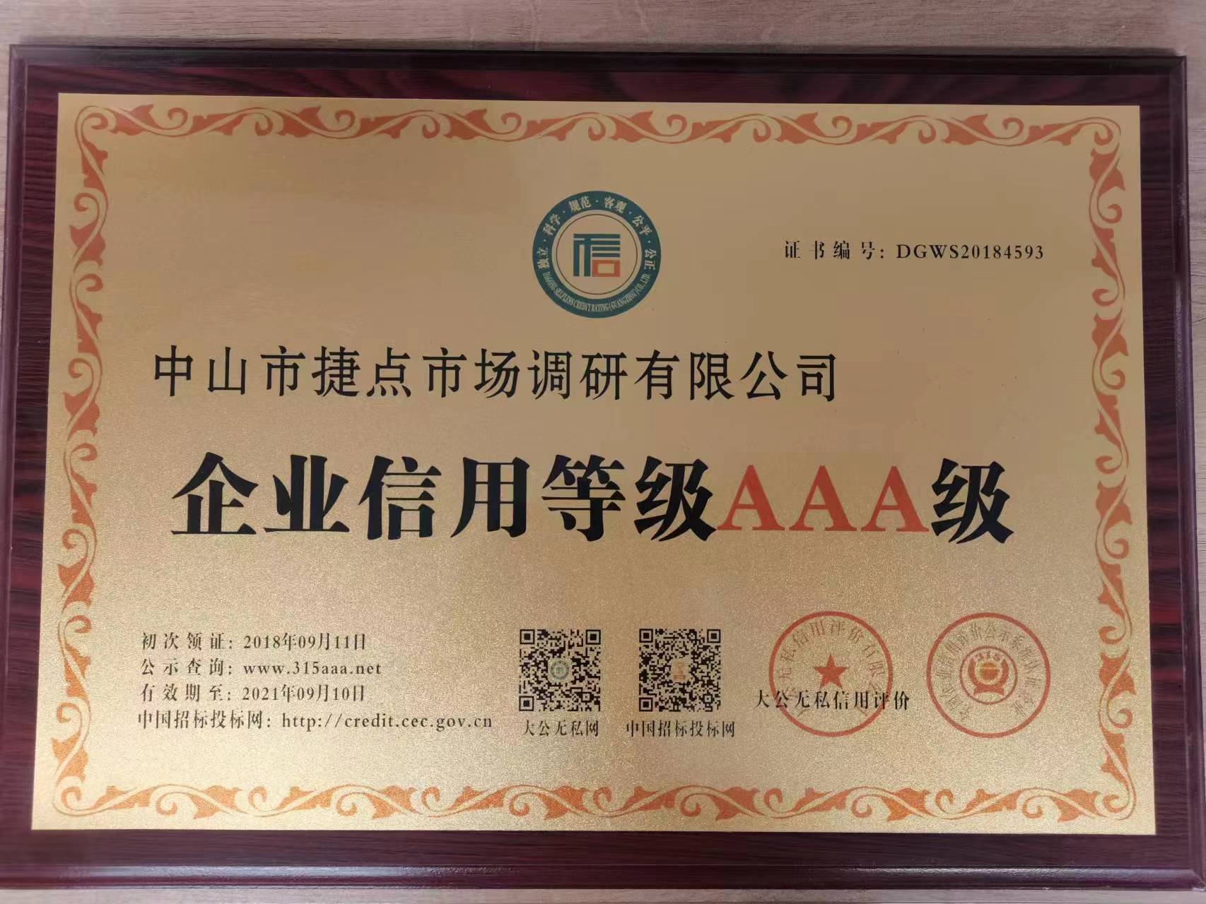 企业信用等级AAA级